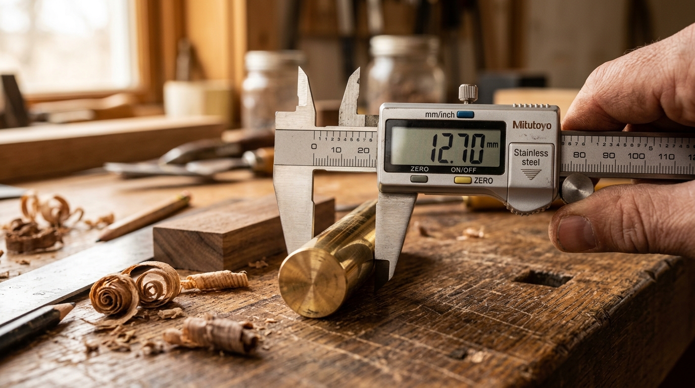 Stainless steel digital caliper measuring a machined brass rod on a workbench