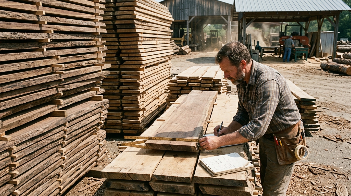 Carpenter measuring hardwood boards in a timber yard to calculate board footage