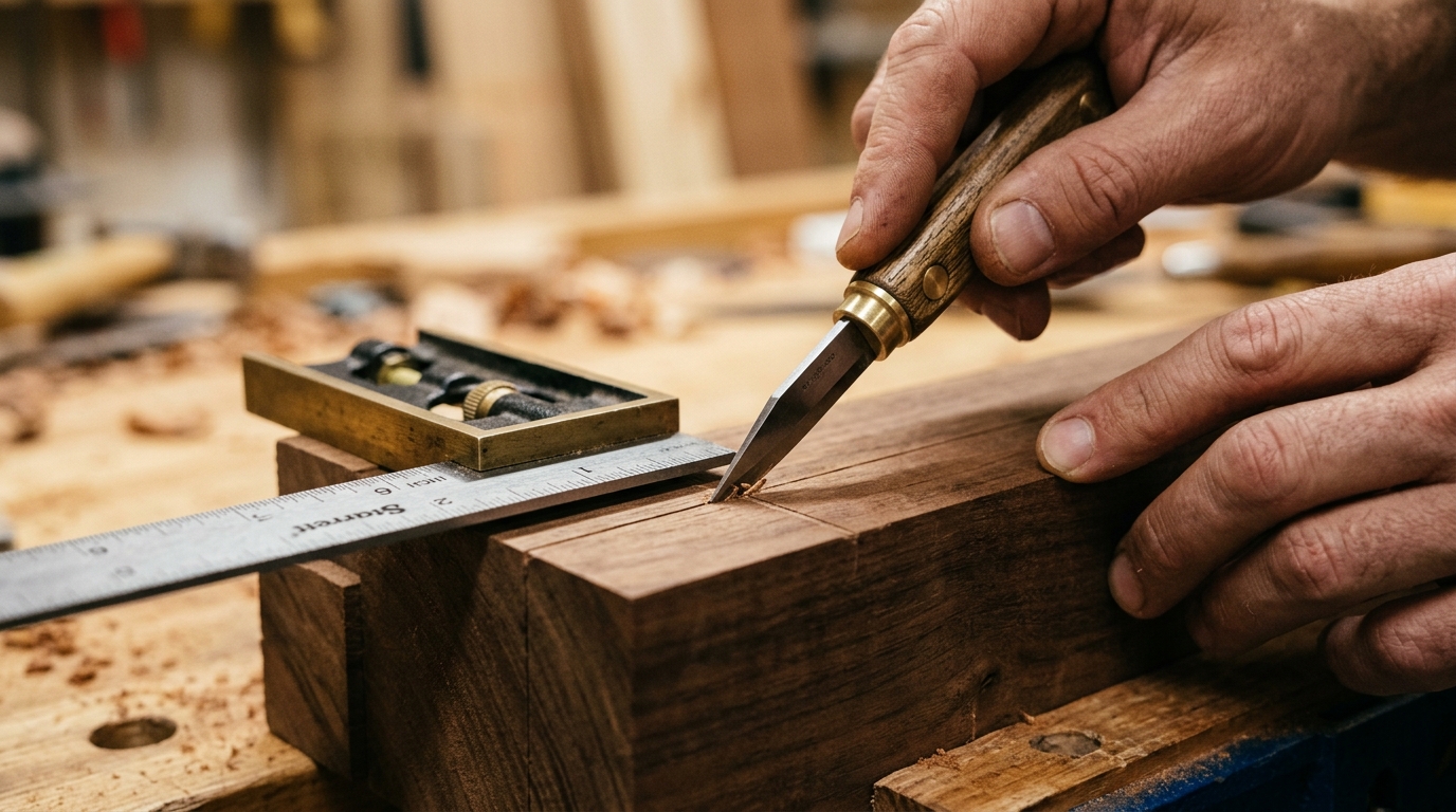 Miter saw and carpenter measuring tools on workshop bench