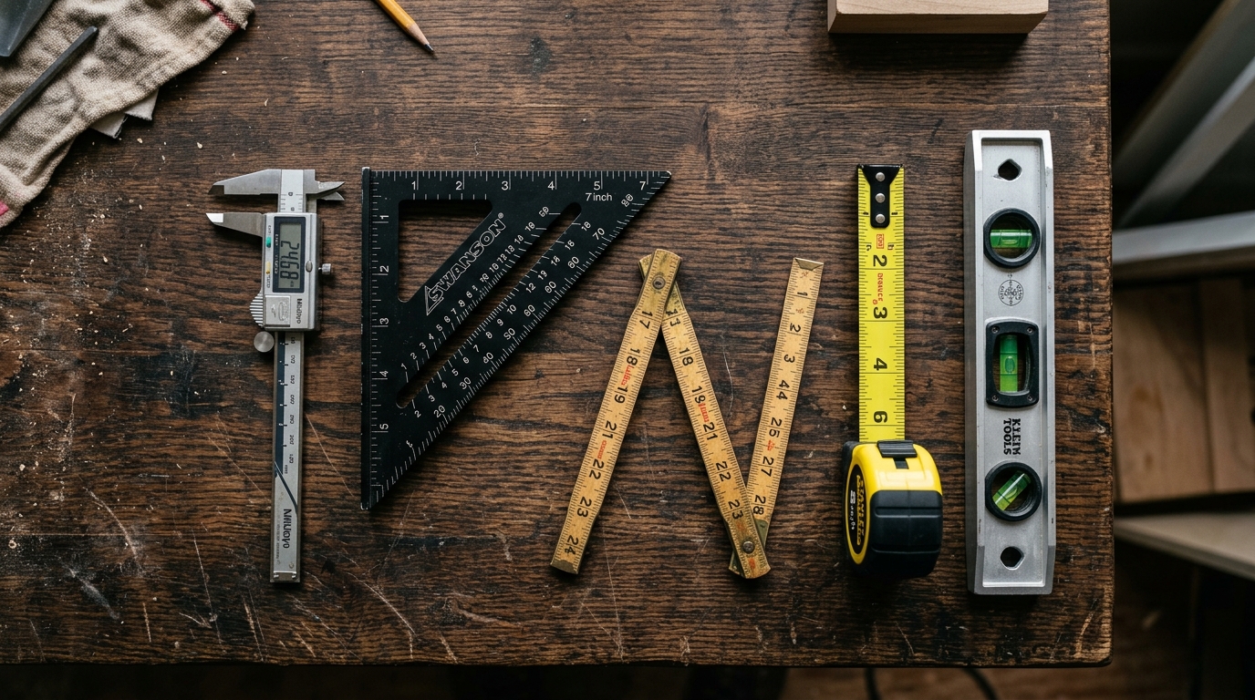 Collection of professional measuring tools including tape measures and laser meters