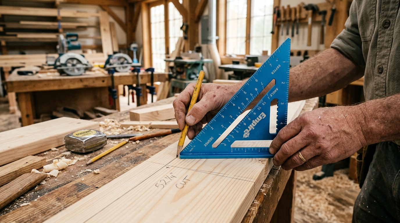 Blue aluminum triangular speed square laid on 2x6 timber with pencil layout markings