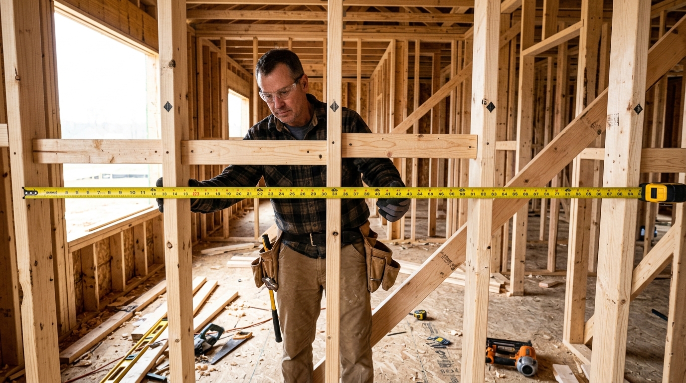 Carpenter measuring 16 inch on center wall studs with tape measure